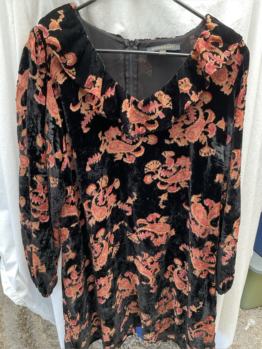 Black Velvet Dress with Rust Floral Print